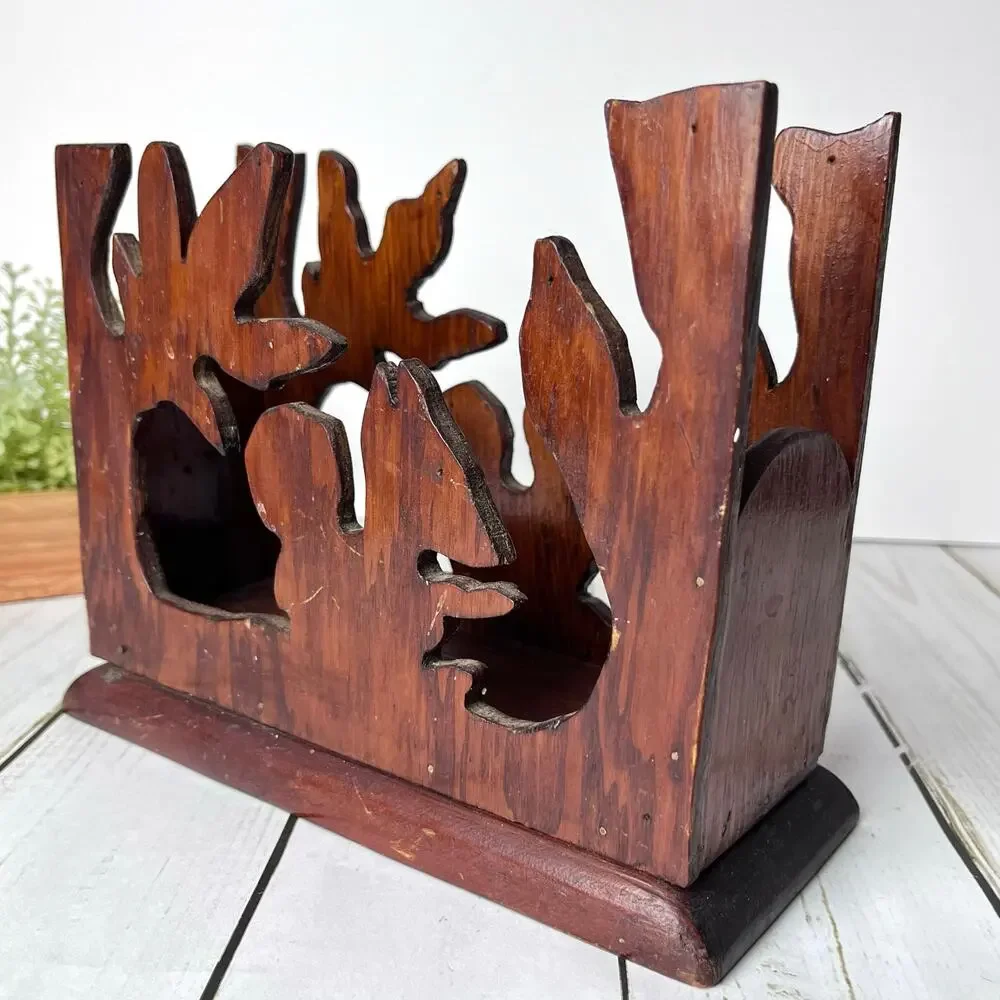 Vintage Hand Carved Wooden Desk Organizer Napkin Holder Rustic Woodland Nature